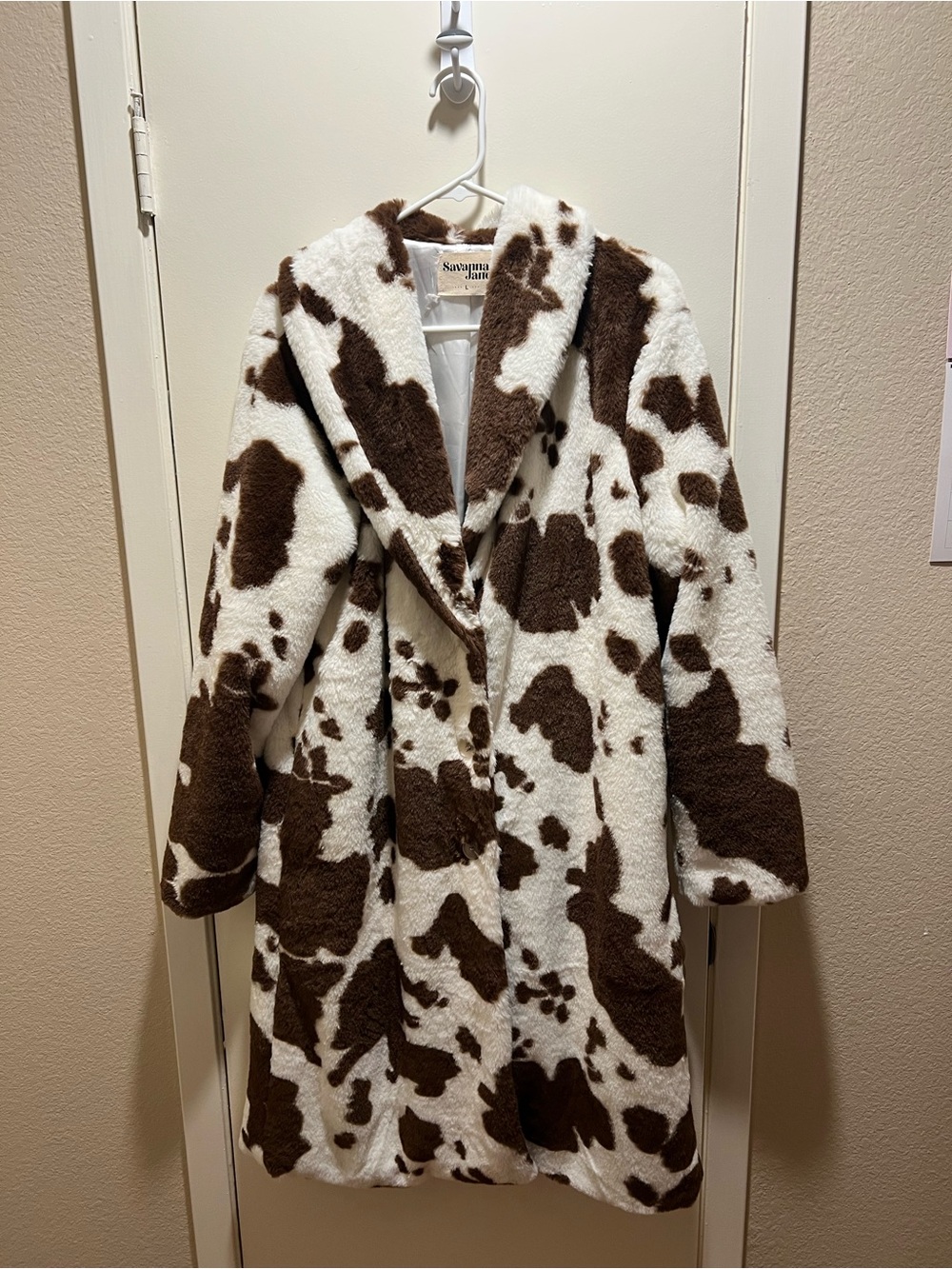 Savanna Jane Brown & White Faux Fur Cow Print Teddy Coat